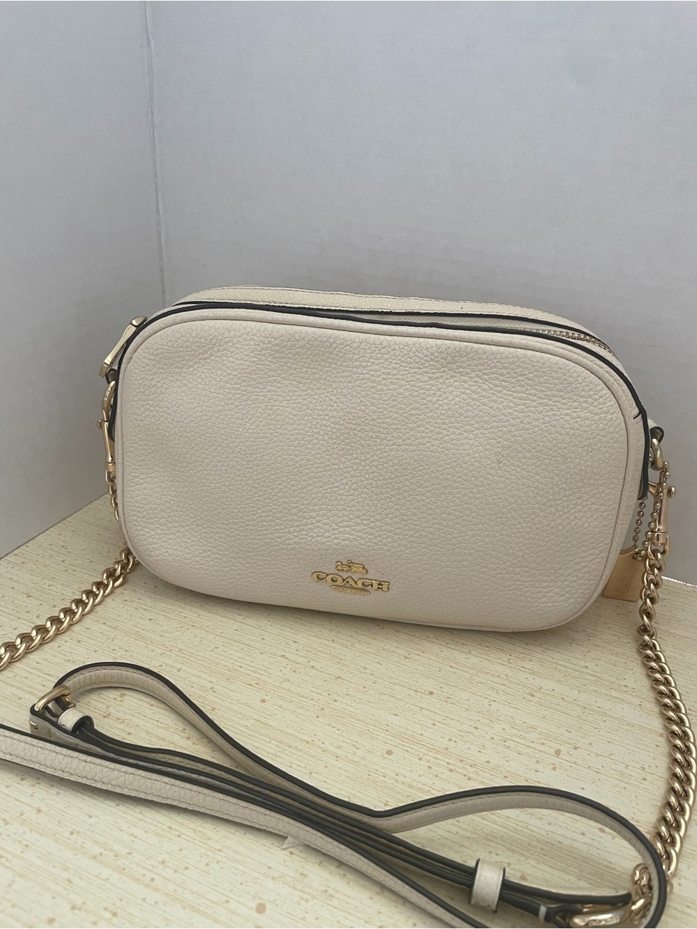 Coach Cream Pebbled Leather Crossbody with Gold Chain